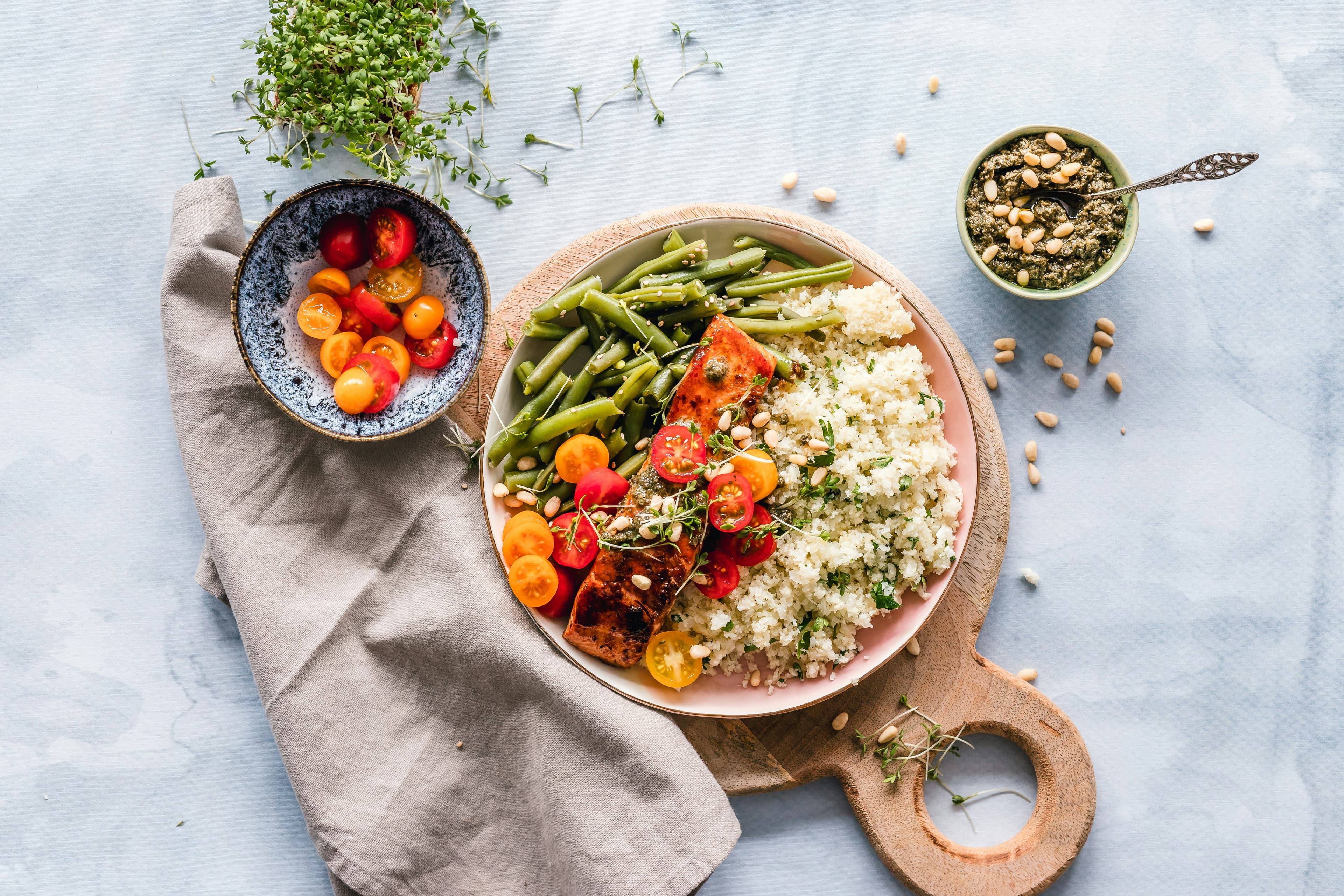 Colorful, wholesome bowl with fresh vegetables and grains